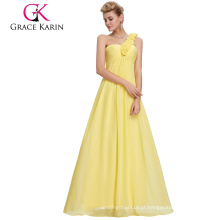 Grace Karin One Shoulder Flower Strap Amarelo Long Chiffon Plus Size Vestido de noite para mulheres gordas CL3402-2 #